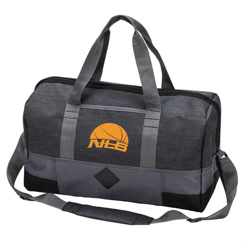 Black and grey fabric duffel bag with yellow logo