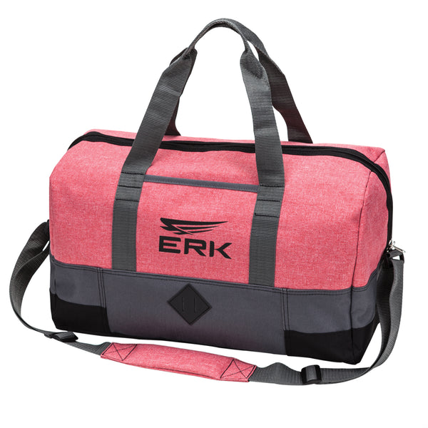 Pink and grey fabric duffel bag with black logo