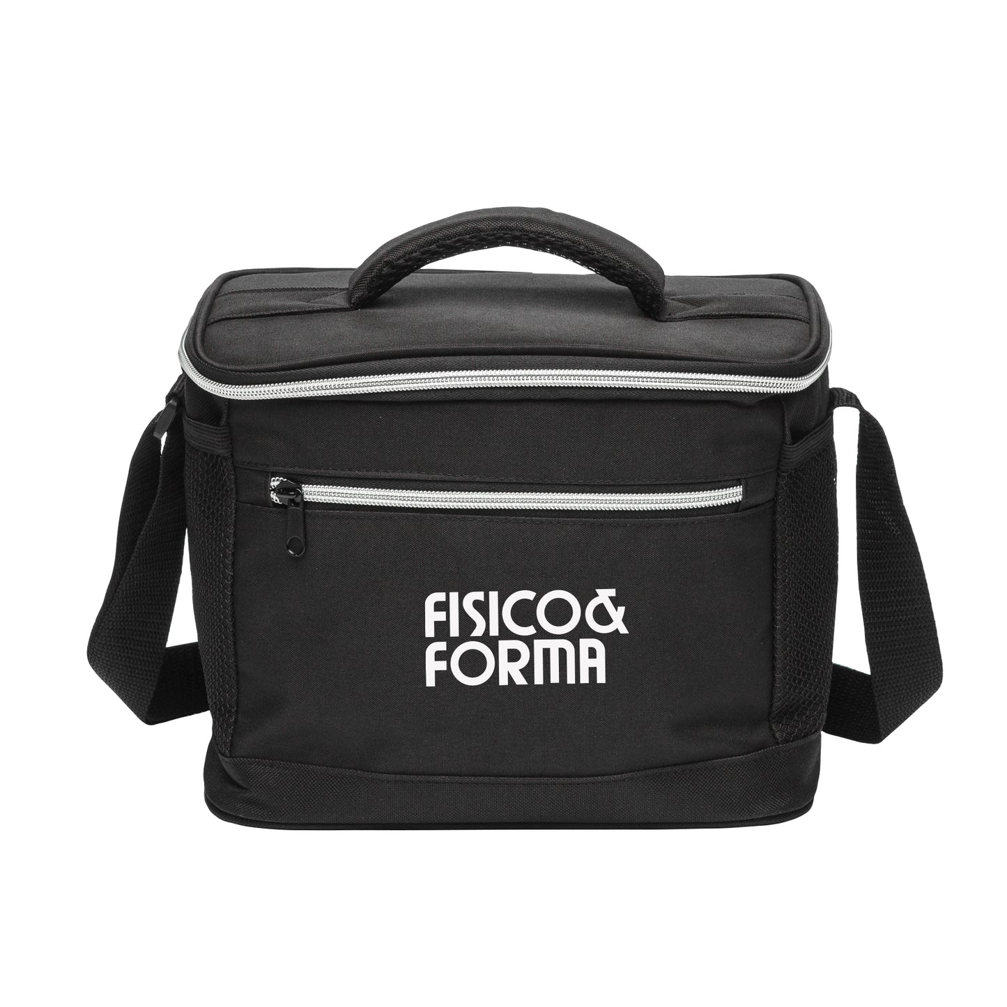 A black promotional cooler bag featuring a white logo