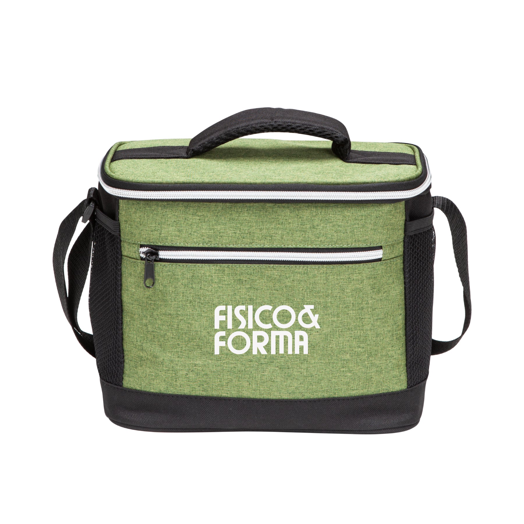 A promotional cooler bag in green and black featuring a white logo