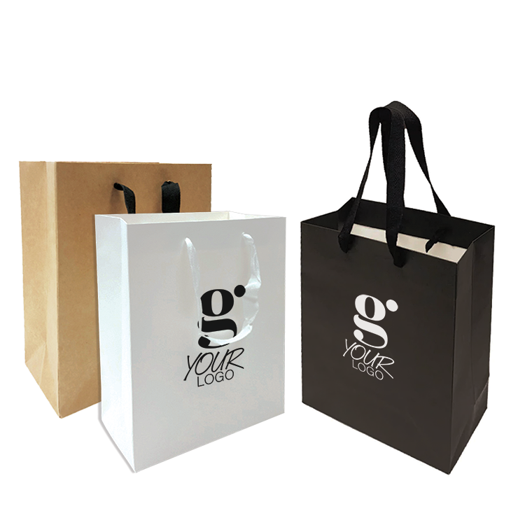 Three  paper bags with handles and the words "Your Logo" 