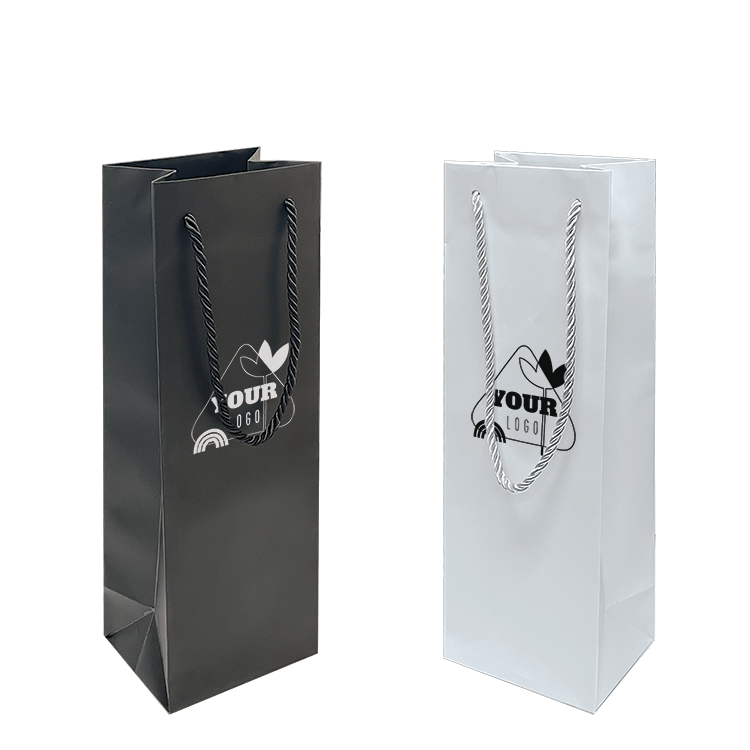 Paper bags with handles in black and white with custom printed logo