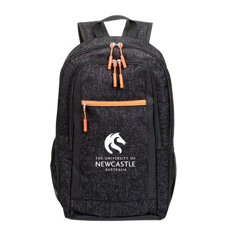 Black backpack with orange accents and white logo