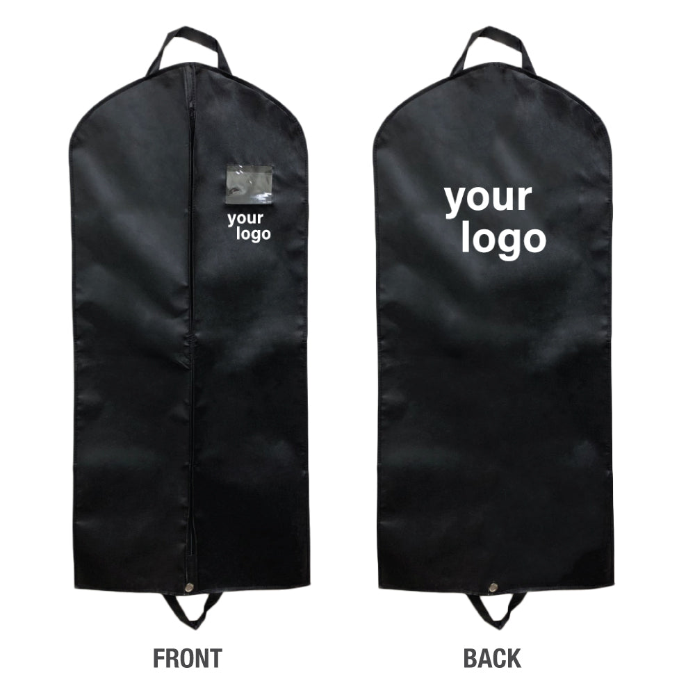 A black garment bag with "your logo" on it