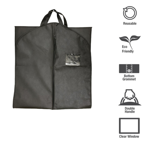 A black garment bag with a zipper and a pocket