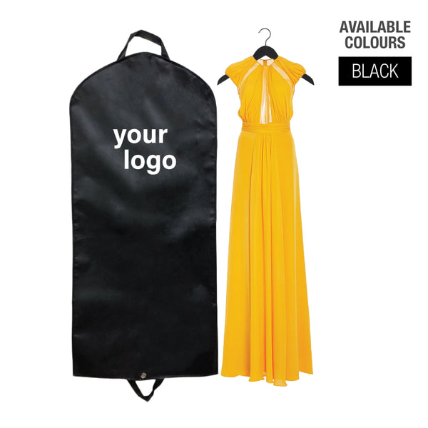 A black garment bag with "your logo" next to a hanging yellow dress  