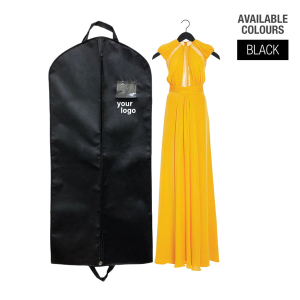 A black garment bag with "your logo" next to a yellow dress  