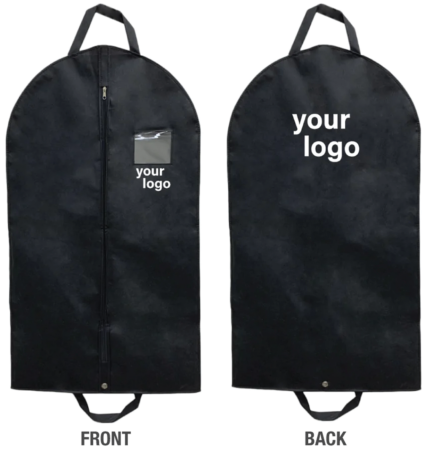 Black garment bag with handles and logo