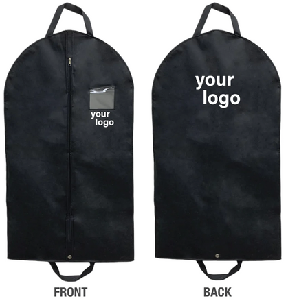 Black garment bag with handles and logo
