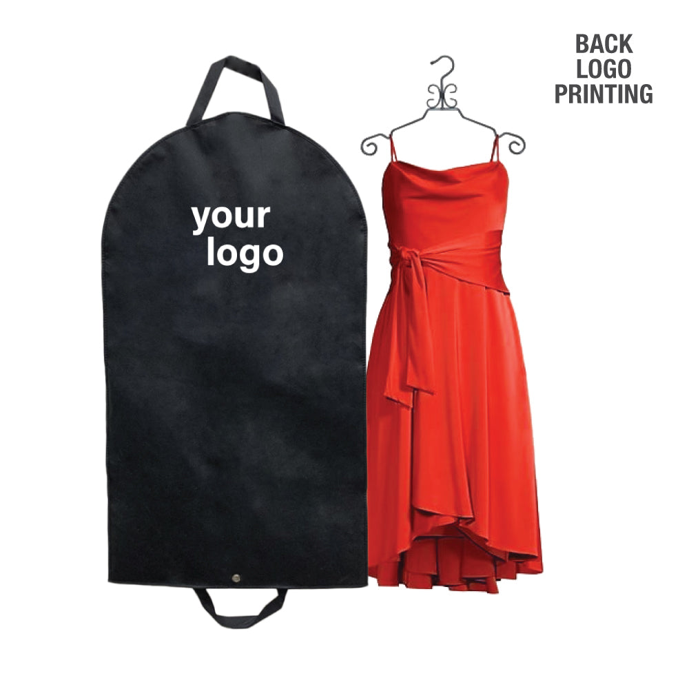 A red dress and a black garment bag with logo