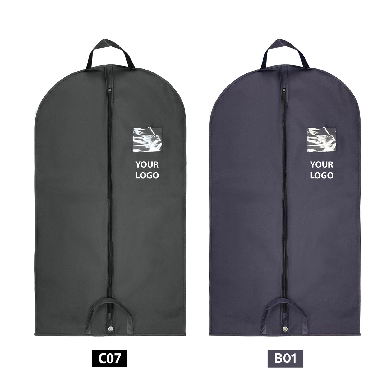 Two black and gray garment bags with logo