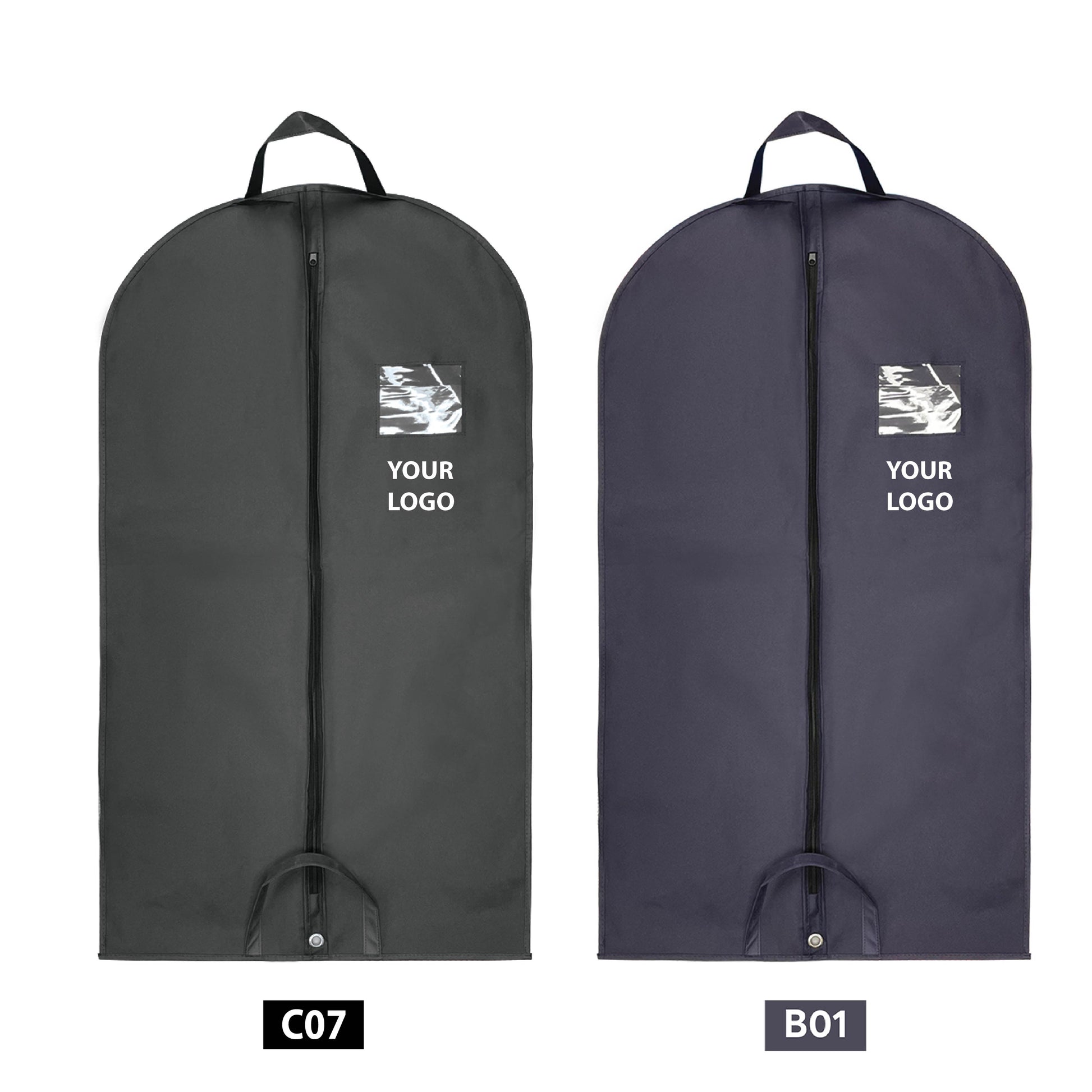 Two black and gray garment bags with logo