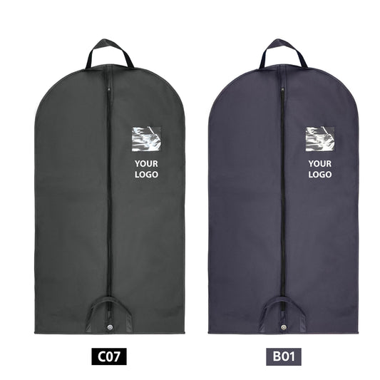 Two black and gray garment bags with logo