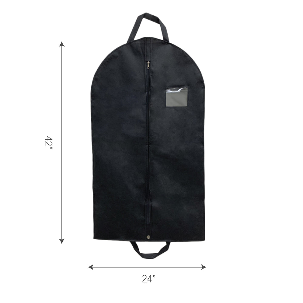 A black garment bag with measurements