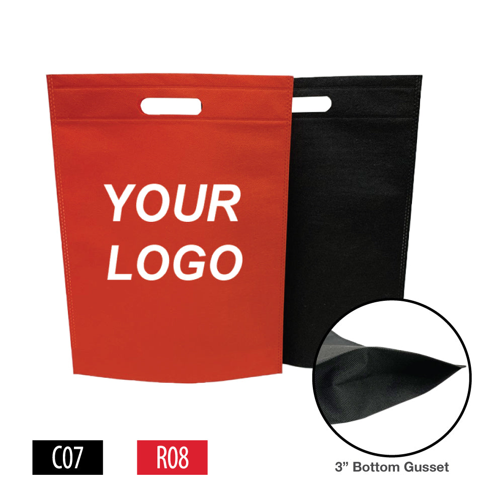 Two non-woven shopping bags in red and black featuring your logo prominently displayed.