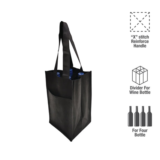 A black wine bag with handles, containing 4 bottles of wine