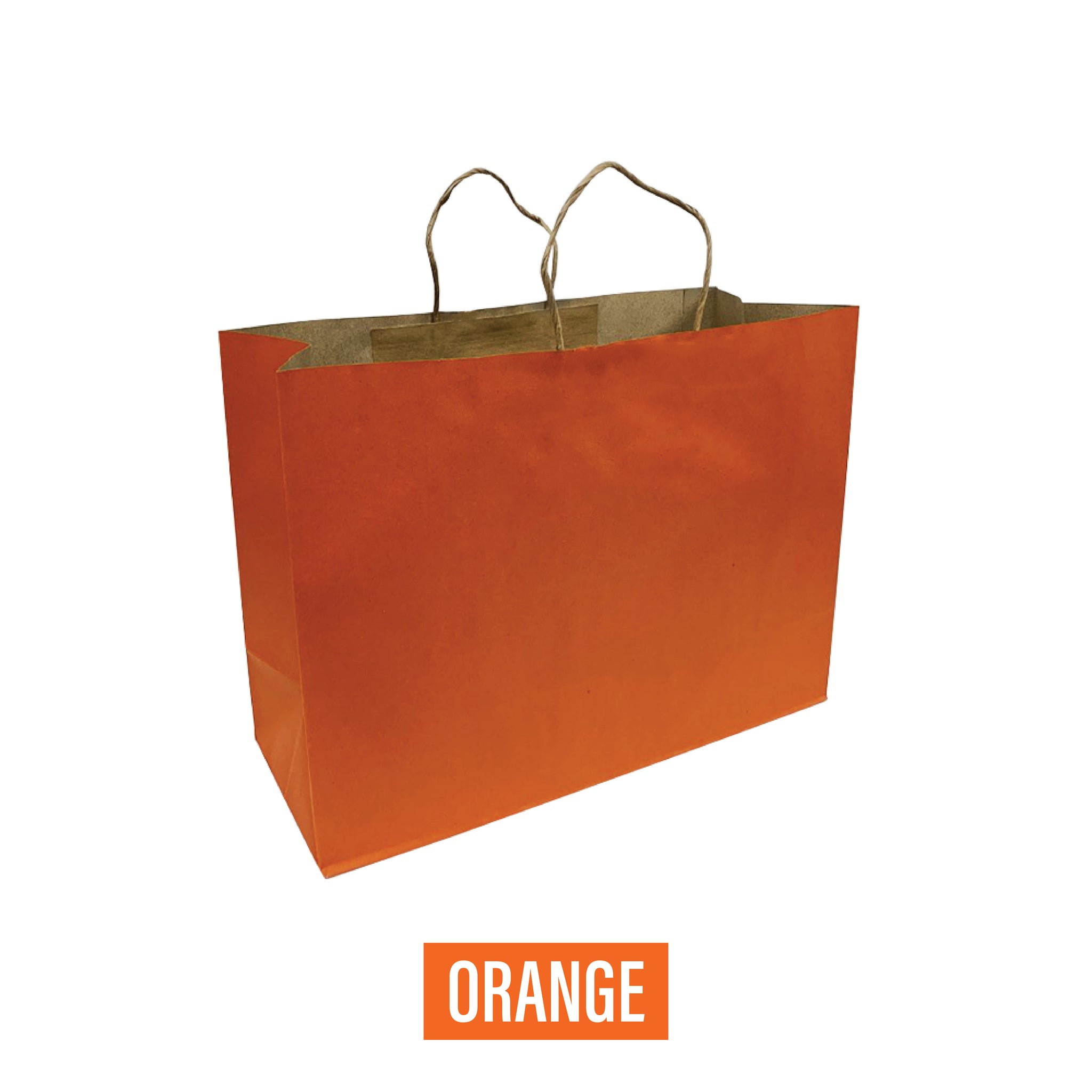 Orange paper shopping bag with natural kraft handles