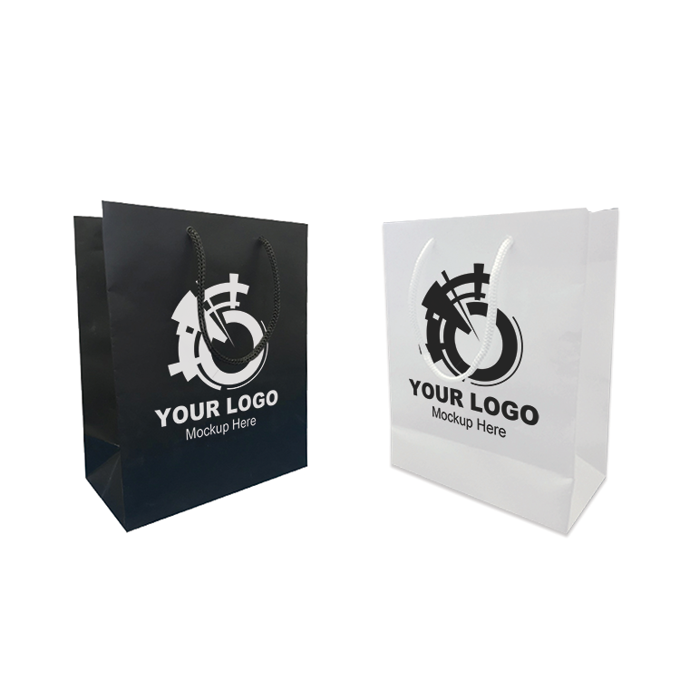 Two paper bags in black and white with a logo on them