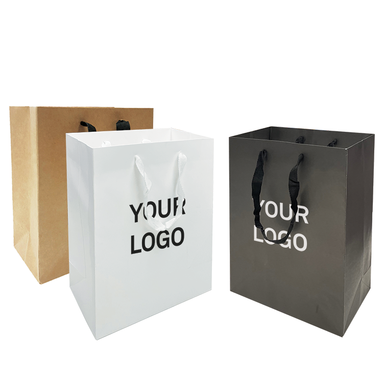 Three paper bags in natural, white and black with the words "Your Logo" on them