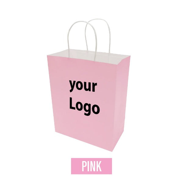 Customized pink paper shopping bag with 'Your Logo' in black text