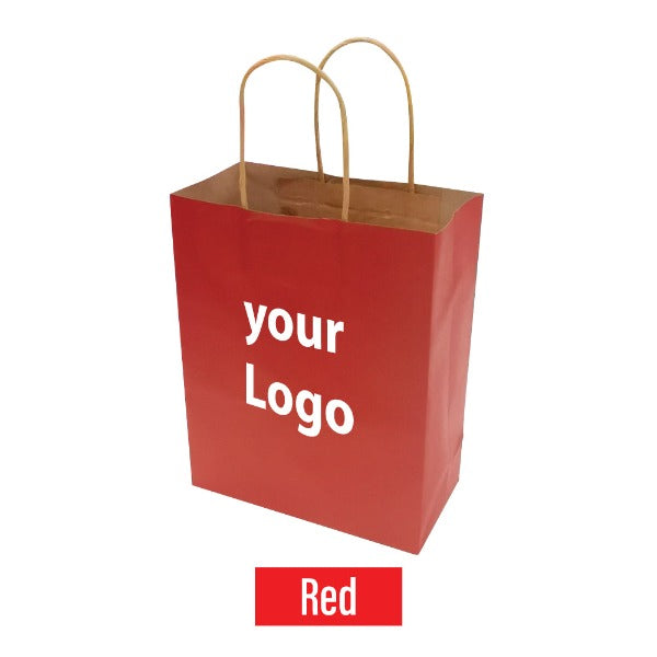 A red paper bag with the words "Your Logo" in white bold font