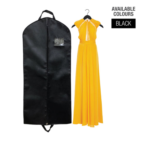 A yellow dress and a black garment bag with a handle