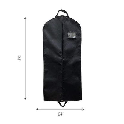 A garment bag displayed with measurements
