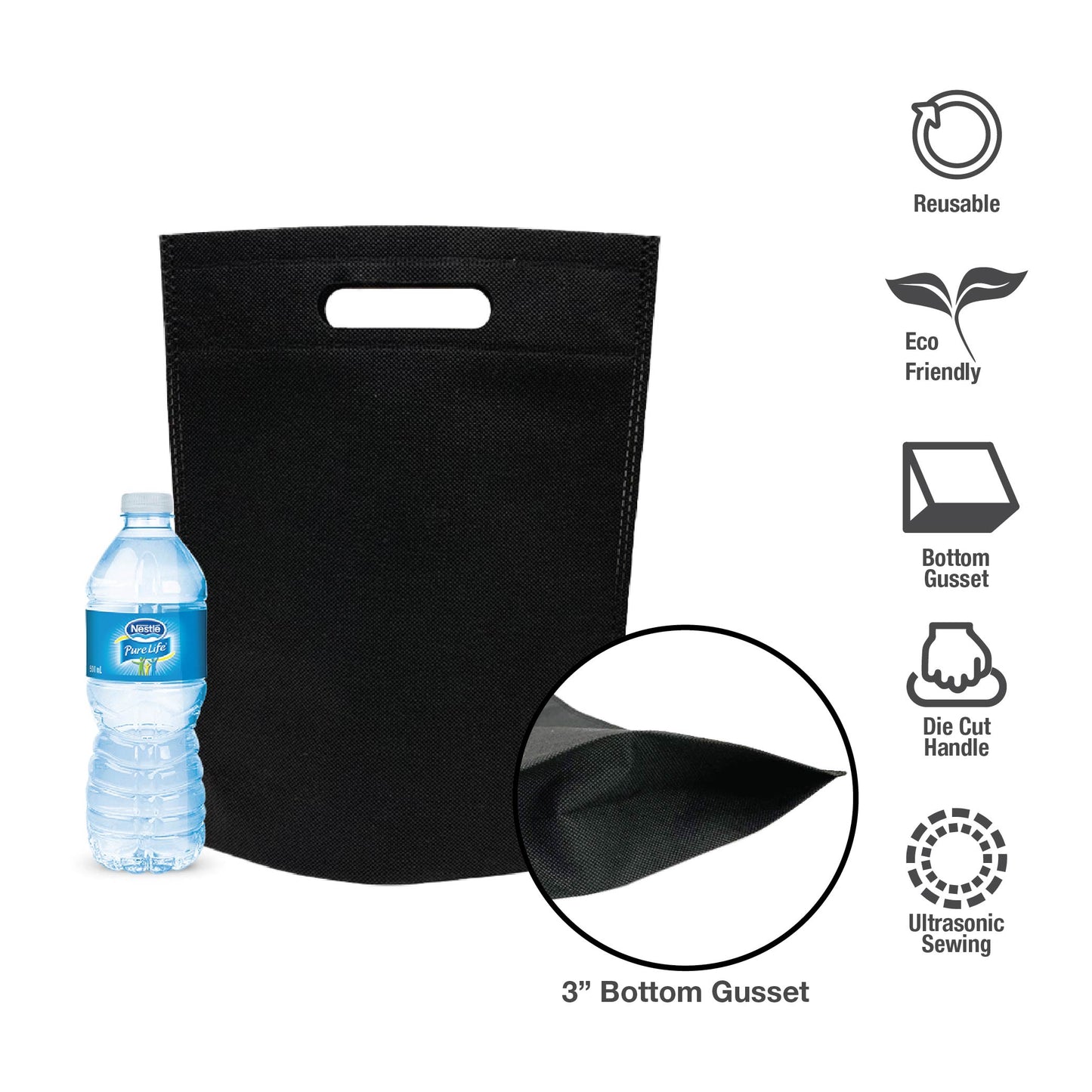 A black shopping bag with a bottle of water and labels.