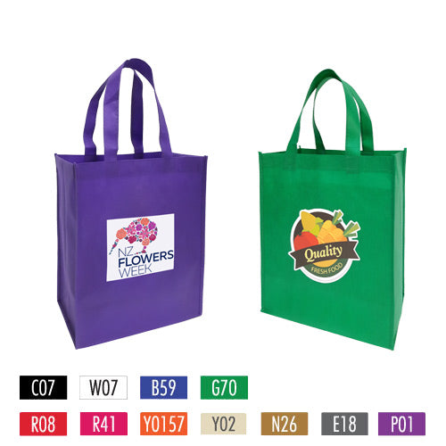 A promotional shopping bag featuring a logo with various colour options