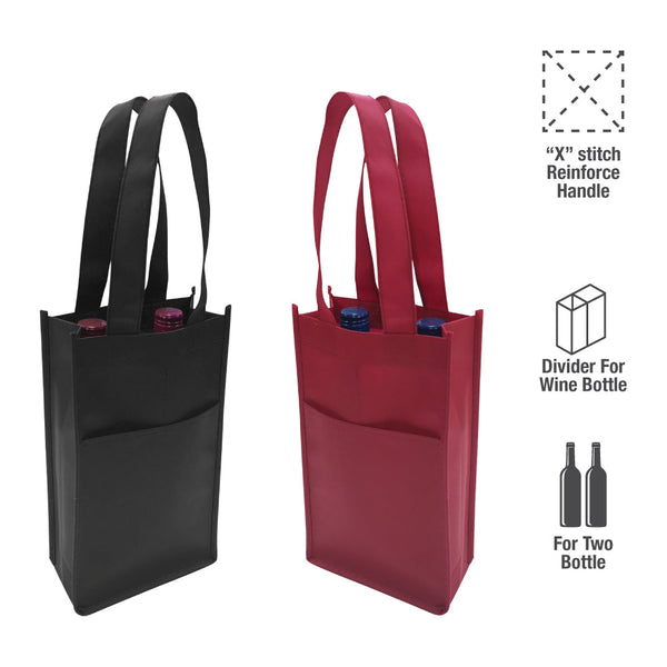 Two wine bags with handles and front pocket, one red and one black