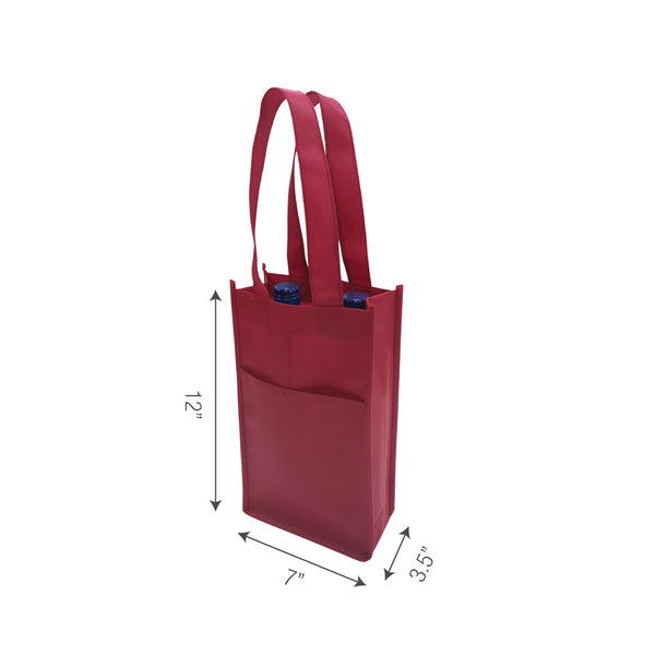 A red tote bag with handle measurements displayed