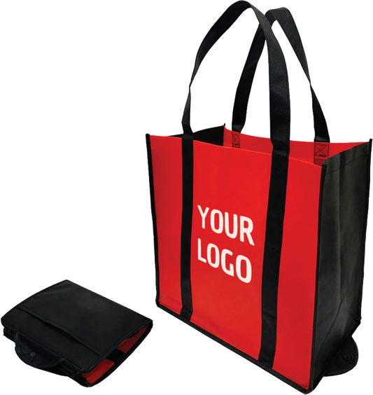 A foldable shopping bag in red and black with logo