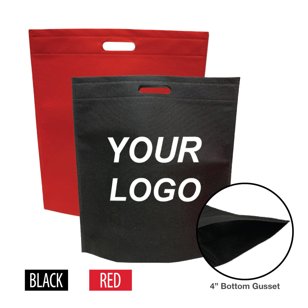 Two reusable shopping bags in red and black featuring your logo printed