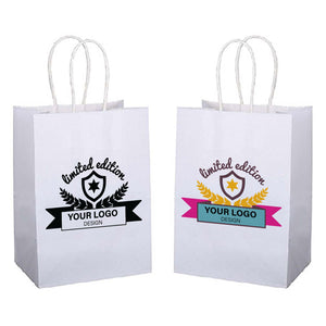 White Paper Bag 10"W x 5"D x 13"H - Custom Single Colour or Full Colour logo printed