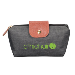 Black denim cosmetic bag with leather tab and zipper closure featuring a logo