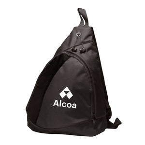 black sling bag with white logo and adjustable strap