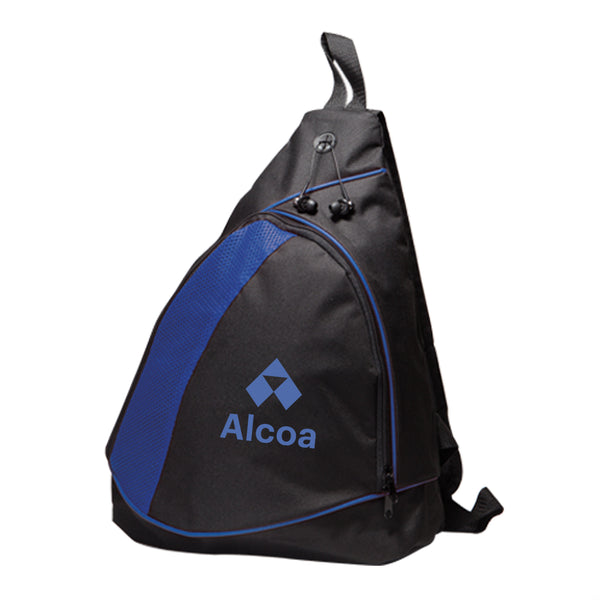 backpack in black and blue colors with "alcoa" logo