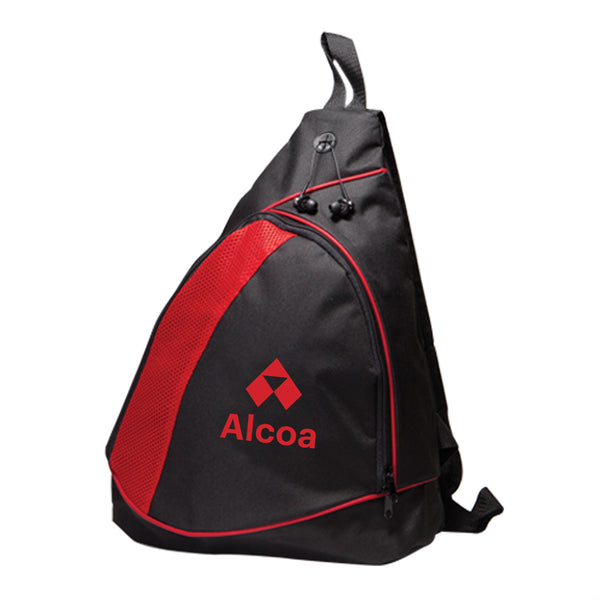 backpack in black and red colors with "alcoa" logo