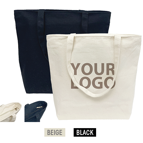 Canvas totes in black and beige with the words "your logo" on it