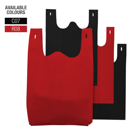 Three shopping bags in red, black, and white colors, neatly arranged side by side.