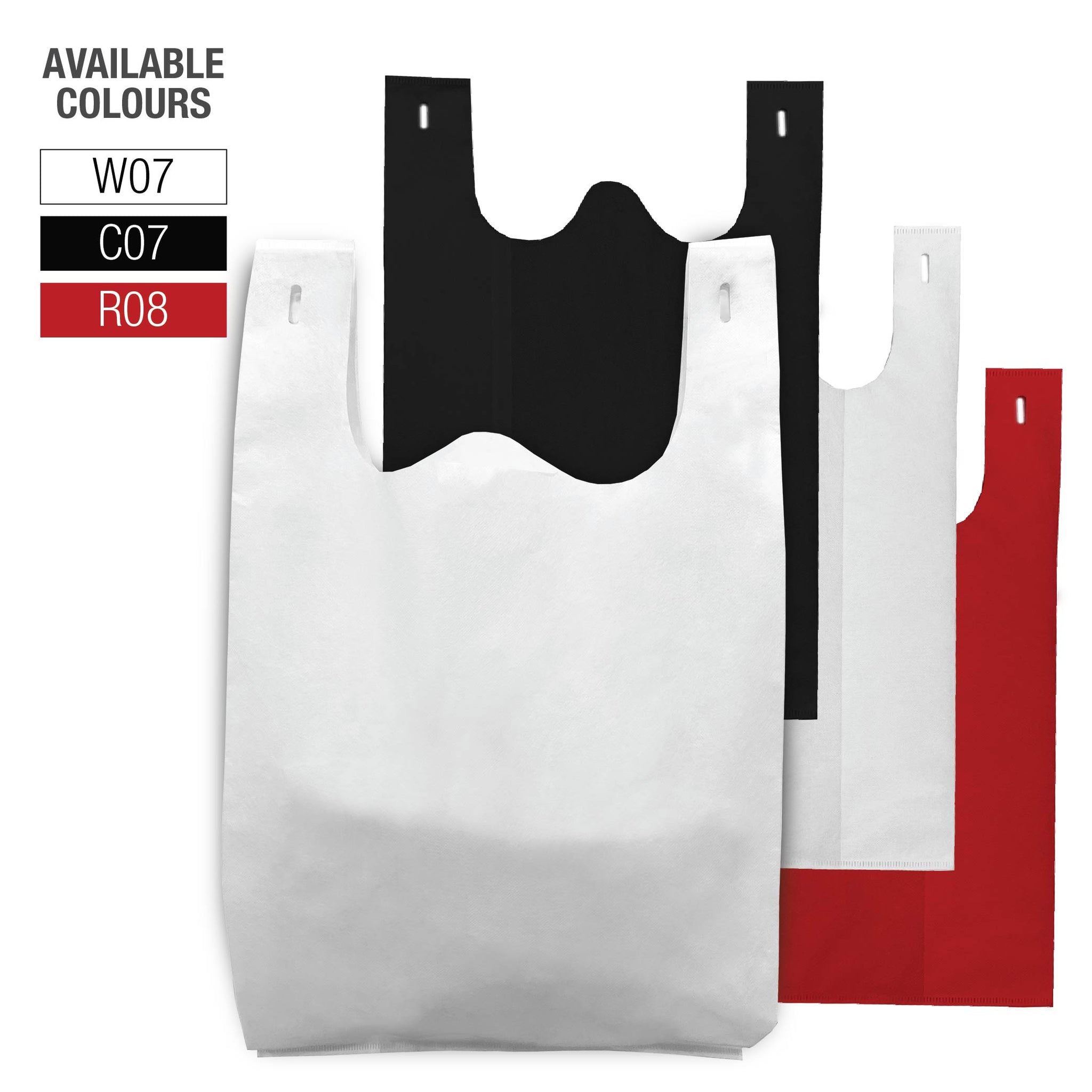 Three shopping bags in red, black, and white colors, neatly arranged side by side.