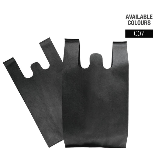 Two black non-woven t-shirt bags with the words "available colours"