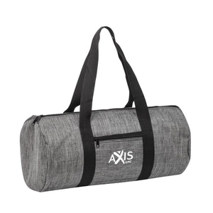 Grey duffel bag with black handles and white logo