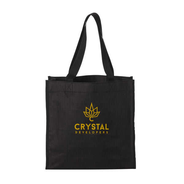 A black tote bag with handles featuring a gold crystal logo