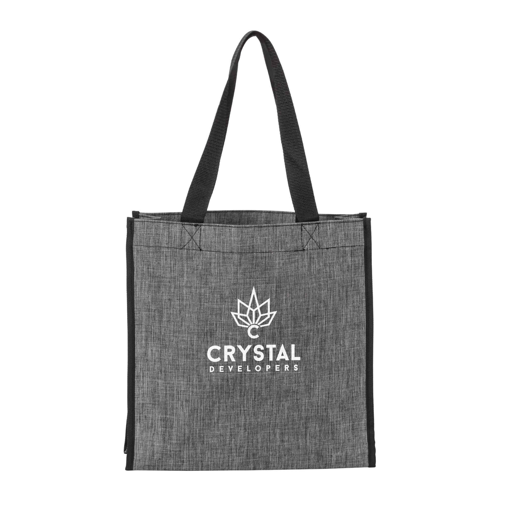 A grey tote bag with black handles featuring a white crystal logo