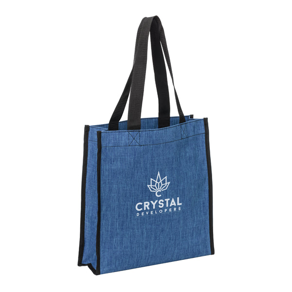 A blue denim tote bag with black handles featuring a white crystal logo