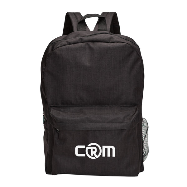 A black backpack with a white logo printed on it