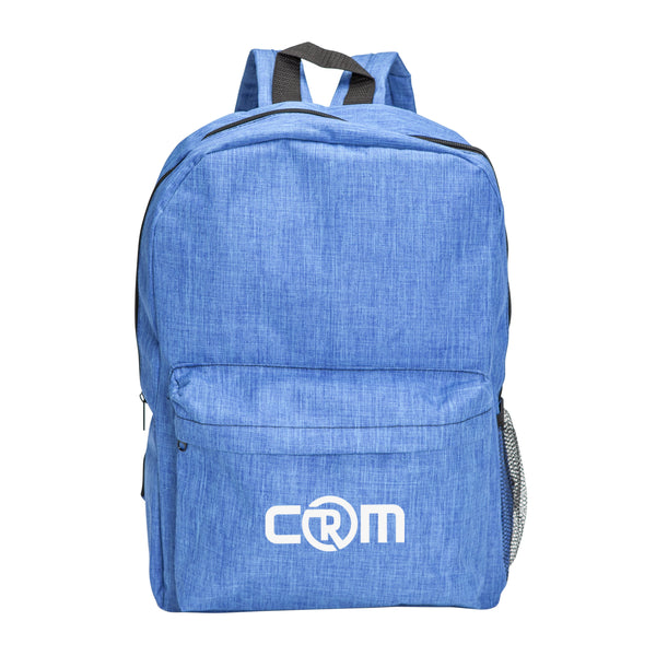 A blue backpack with a white logo printed on it