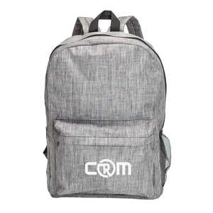 A grey backpack with a white logo printed on it