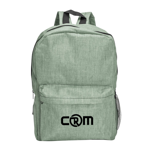 A green backpack with a white logo printed on it